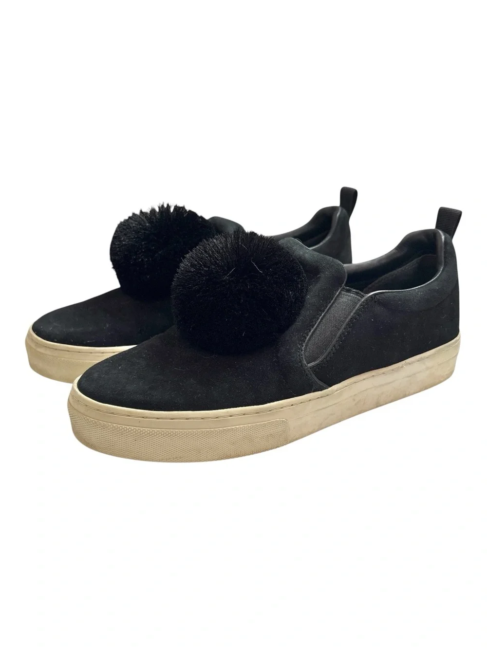 Tory Burch Silk Pom Pom Suede Leather Slip-On Sneakers Shoes Black Size 8M